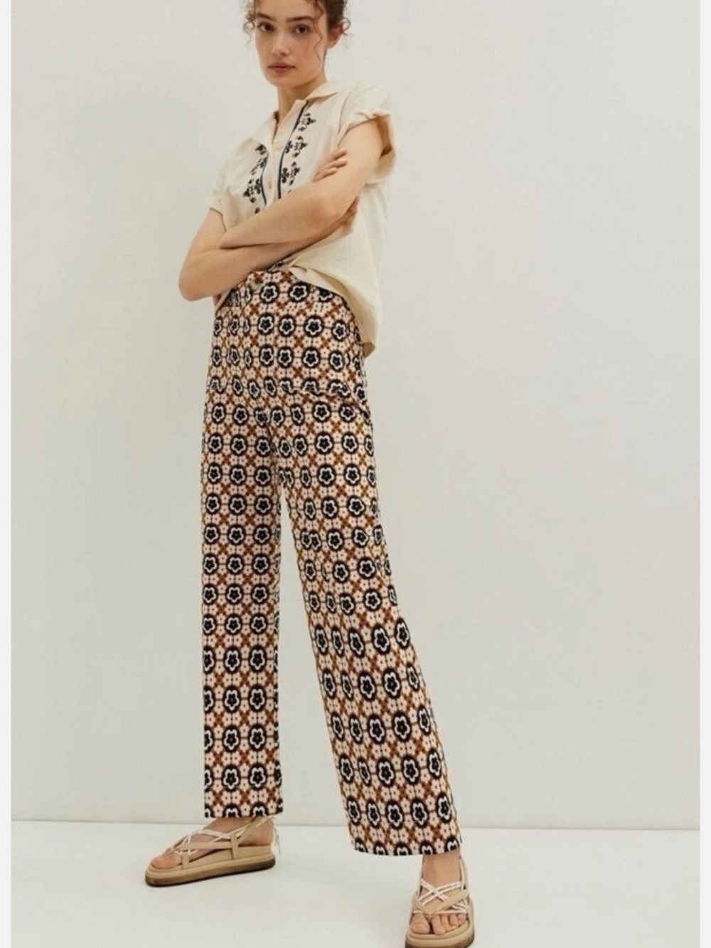 Anthropologie Maeve Colette Wide-Leg Crop Pants Size 27 Floral Black Ponte EUC